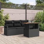 Outdoor-Sofa-Set mit Stauraum, 5-teiliges Poly-Rattan Gartenm&ouml;bel-Set mit Kissen und Akazienholz Tisch in Schwarz und Creme, 2 Armsofa ja 2 Mittelsitze