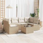 Garten-Sofa-Set 7-teilig modular aus Poly-Rattan mit Glasplatte in Schwarz und Creme, inklusive Stauraum und abnehmbaren Kissen