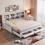 MQLAE Extendable Solid Wood Sofa Bed 90/180 x 190 cm, Day Bed, Youth Bed, Storage Cabinet with Charging Socket in the Siderest, with 2 Drawers and Slatted Frame, Multifunctional Pine Bed, White
