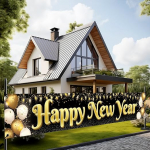 XtraLarge 12 x 20 tolli Happy New Year Yard Sign 2022 - uusaasta b&auml;nner Happy New Year Decorations 2022 | Must ja kuldne Happy New Year Yard Banner siseruumides, v&auml;ljas NYE Decorations 2022