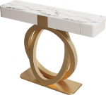 Moderne Halbmond-Konsole f&uuml;r den Eingangsbereich mit Kreativem Doppelring-Fu&szlig;, Schieferplatte, Luxuri&ouml;ser Foyer-Sofatisch mit Aufbewahrungsschubladen, f&uuml;r Wohnkultur(Gold D,140cm/55.1IN)