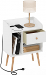 Furinno Claude Beistelltisch, Mid Century Beistelltisch mit Ladestation, Holzbeine Nachttisch, Nachttisch mit USB und Typ-C-Ladeanschluss, f&uuml;r Wohnzimmer, Schlafzimmer, Wei&szlig;