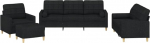 4-TLG. Sofagarnitur mit Kissen Schwarz Stoff - bequemes Sofa Set mit dick gepolsterten Sitzfl&auml;chen, Armlehnen und R&uuml;ckenkissen, inklusive praktischer Rollkissen und vielseitigem