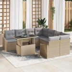 Modulares Sofa-Set f&uuml;r Terrasse in Beige und Hellgrau als 9-teiliges Gartensofa-Set aus Poly-Rattan mit Kissen