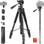 NEEWER Basic 74 Inch Video Tripod Monopod with 3-Way Pan Tilt Head & Remote Control, Camera Mount with Central Axis, Phone Holder for DSLR, iPhone, Telescope, Max Load 17.6 lb, TP05
