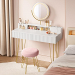 VASAGLE riietuslaud koos jalatsi ja valgustusega, elektripistik, peegel, riietuslaud, 40 x 100 x 134,8 cm, kosmeetikalaud sahtlitega, polsterdatud jakk, mattvalge / kahvatukuldne RVT619W01