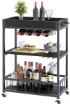 Huhote Drinks Trolley, 3 Tier Bar Cart on Lockable Wheels, Kitchen Serving Wine Cart for 12 Glass Holders and 4 Wine Rack, Cocktail Alcohol Cart for Dining Room, Living Room