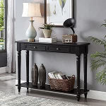 Schwarze Amerikanische Konsolentische f&uuml;r den Eingangsbereich, Vollholz, Vintage-Sofatisch f&uuml;r Flur mit 2 Schubladen, Eleganter Veranda-Konsolenschrank,Offenes Regal(120*35*80cm/47.2*13.8*31.5in)