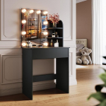 SONNI garderoobilaud LED-valgustuse ja HD-peegliga, 10 reguleeritava heledusega, 3 v&auml;rvi, garderoobilaud sahtlitega magamistuppa, 3 avatud kambrit, must, 70 x 40 x 140 cm.