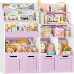 FOREHILL Laste riiul 4 sahtliga ratastel Lastetoa m&ouml;&ouml;bel Puidust raamaturiiul lastele Laste kapp koos m&auml;nguasjakastiga Laste raamaturiiul 4 kastiga 125 x 120 x 40 cm Lilla