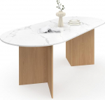 IDMarket - Marthe pikendatav ovaalne s&ouml;&ouml;gilaud 6-10 inimesele, valge marmorist Alaska-plaat ja p&ouml;&ouml;giefektiga puit, 160-200 cm