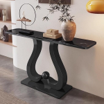 Generisch Schmaler Konsolentisch - Schlichter, luxuri&ouml;ser Eingangstisch aus mikrokristallinem Stein mit schwarzem Edelstahlgestell, perfekt f&uuml;r Wohnzimmer, Flur oder als Dekoration hinter dem Sofa.