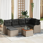 7-teiliges Garten-Sofa-Set mit Kissen Grau Poly Rattan Akazie, 2-Sitzer Garten-Sofa mit Stauraum & Kissen Grau Poly Rattan Gartenlounge Model3356144