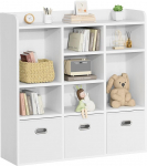 Roomark Bookcase, Open Bookcase, Wooden Standing Shelf, Cube Shelf, White with 10 Compartments & 3 Fabric Drawers, Office Shelf for Office, Bedroom, Living Room, 108 x 33 x 113 cm