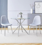 Hallowood Furniture Cullompton Small Dining Table and 2 Chairs Round Glass Dining Table Set for 2.90cm Table with Grey Fabric Chairs Set for Kitchen Home Cafe