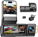 Dash Cam auto, 3-kanaliline esi-tagasi siseruumide 4K + 1080P + 1080P Dash Cam, 490 &deg; lai nurga &uuml;mberkaudne kaitse, autokaamera 64 GB SD-kaardiga, 3,16-tolline, &ouml;ine n&auml;gemine, WDR, WiFi, G-sensor