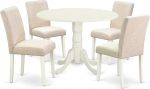 East West Furniture DLAB5-LWH-02 5-teiliges Esszimmertisch-Set beinhaltet einen runden K&uuml;chentisch mit Dropleaf und 4 Parson-Esszimmerst&uuml;hle aus hellbeigem Leinenstoff, 106 x 107 cm, Leinenwei&szlig;