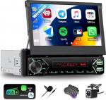 Single Din autostereo koos DAB+ Wireless CarPlay Android Auto, 6,86-tolline HD motoriseeritud Flip Out puuteekraaniga 1 Din autoraadio Bluetooth, FM, Mirror Link, Type-C/USB/AUX, MIC + SWC + tagasisidekaameraga