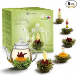 Creano Tea Flowers Mix - &otilde;itsev tee kinkekomplekt klaasist kannuga, roheline tee, puuvilja maitsega (teeroosid 6 sordis), &otilde;itsev tee kingitus j&otilde;uludeks