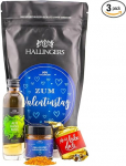 Hallingers Genuss Manufaktur Premium kinkekorvi kinkekomplekt s&otilde;brap&auml;evaks - Delikatesside segu, imekott "Zum Valentinstag BLUE" koos lik&ouml;&ouml;ri v&uuml;rtsiga Nougat Busserl kingituseks talle ja naisele.