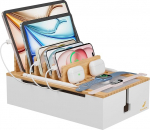 Pezin & Hulin Bambus laadimisjaam Multi-Device Electronic Device Organizer Charger nagu mobiiltelefon, tahvelarvuti, kell ja palju muud, Natural + White (ilma USB-laadija ja kaabliteta)