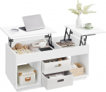 VASAGLE kohvilaud reguleeritava k&otilde;rgusega elutoa laud 2 sahtlit ja varjatud kambrid kohvilaud avatud kambrite jaoks elutuppa kodukontorisse lumivalge LCT210W01