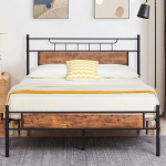 VECELO Retro voodi 140 x 200 cm metallist voodi lamelliraamiga, kaheinimesevoodi paksu puidust peatsiga, k&uuml;lalisvoodi, noortevoodi, sobib ideaalselt magamistuppa, k&uuml;lalistetuppa, Pruun