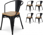 Kosmi - Lot de 4 chaises en m&eacute;tal Noir mat Style Industriel Factory Avec assise en Bois Naturel Clair, Fauteuils industriels Avec accoudoirs
