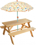 Fun House puidust piknikulaud ja p&auml;ikesevarju puuviljadisain lastele | Laud: K 53 x L 95 x S 75 cm ja p&auml;ikesevarju: K 125 x &Oslash; 100 cm | Max. Kaal: 2 x 30 kg | Kingitus lastele