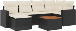 7-teiliges Gartensofa Set Schwarz Poly Rattan 62&times;55&times;69 cm mit Akazienholztisch, waschbaren Cremekissen, modular f&uuml;r Balkon, Terrasse und Lounge Outdoor