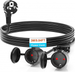3M kaitsekontaktide pikenduskaabel v&auml;ljas, AC Schuko plastikkaabel 2-kohalise pistikupesaga, topeltpistikupesa IP44 koduseks, kontoriks, v&auml;ljas, 3 x 1,5 mm&sup2;, kuni 250 V/16 A, must