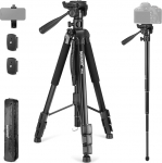 NEEWER Basics TP05 74-tolline videostatiiv monopood, 3-Way Pan Tilt Head, &uuml;hildub iPhone, DSLR, Travel Tripod Recording, Overhead Camera Mount, Crossbar, 17.6 lb Load Capacity