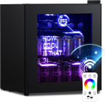 HCK 48L Mini Fridge with Glass Door, Quiet 39 dB, Cyberpunk Drinks Fridge with Remote Controllable RGB LED Lights, Bottle Fridge, Mini Fridge 0-15 &deg;C for Gaming Decoration, Mini Bar, Black