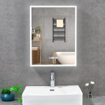 T&K LED vannitoa peeglikapp valgustuse ja udususevastase kaitsega 50 x 65 cm, aja- ja temperatuurin&auml;idikuga, 3 reguleeritavat valgusv&auml;rvi, pistikupesa ja USB-pistik, alumiiniumraamiga vannitoa peeglikapp