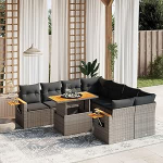 Set Schlafsofa, 9-teiliges Gartensofa-Set mit grauen Kissen aus Polyrattan, Set f&uuml;r Schlafsofa, Wohnzimmer, Gartensofa, modernes Sofaset f&uuml;r den Au&szlig;enbereich, Outdoor-M&ouml;bel