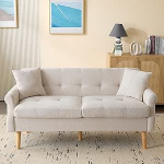 Kaasaegne 2-kohaline diivan &scaron;enillkangast, mugav polsterdatud diivan paksude padjadega, skandinaavia disain elutuppa ja magamistuppa, kompaktne diivan v&auml;ikesesse korterisse (puit + &scaron;enill, beež).