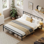 VASAGLE Kahekohaline voodiraam, 160 x 200 cm, metallist, peaplaadiga, kaasaegne, riiulitega, voodi k&uuml;lalistele, teismelistele, matt must, RMB195B01