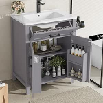 DRIXNO 60 x 46 x 84,8 cm p&otilde;randal seisev vannitoakapp valamuga, t&auml;isv&auml;rvitud, topeltuksega riiulid, praktilised sahtlid, reguleeritavad riiulid, integreeritud keraamiline valamu, hall