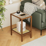 Bamworld Rattan Side Table Living Room Glass Stop Bedside Table Boho Side Table 2-Tier with Storage Space Mid Century Modern Bedside Table for Small Spaces Narrow Coffee Table Bamboo