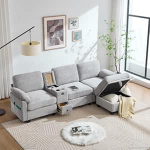 Modernne 3-istmeline juhtmega diivan koos l&uuml;kandkonsooli ja USB-C-ga - funktsionaalne diivan XXL-mugavusega, integreeritud hoiutool ja laadimisjaam helehalli v&auml;rvi elutuppa