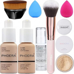 Phoera Foundation, Phoera Primer, Phoera Powder, Concealer Cover Liquid Matte Full Coverage, Make Up Foundation Brush and Powder Brush, Make Up Sponge Set (102 Nude + 104 Buff Beige)
