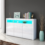 Ikewaier Sideboard with 3 Doors, High Gloss Front Sideboard, Kitchen Storage, Side Cabinet, TV Table with LED Lighting for Dining Room, Living Room, White, 152 cm