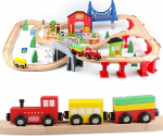 Jacootoys 80 Pieces Wooden Train Set Wooden Train Toy Combinable Toy Train for Children 3+ Years Old Girls Boys