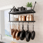 KES KUR218S75B-BK Kitchen Shelf Double Pan Holder Kitchen Utensil Holder Hanging Shelf Pan Wall Shelf Pan Hanger 75 cm Wall Mounted Matt Black