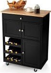 FANTASK Kitchen Trolley on Wheels, Serving Trolley with Drawers & 3-Tier Wine Rack & Worktop (Black)