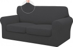 ISSUNTEX 3 Pieces Sofa Covers High Stretch Thick Soft Sofa Cover with 2 Separate Cushions Jacquard Fabric Elastic Cover Furniture Protector for Dog Loveseat Dark Grey