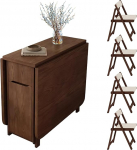 150 cm kokkupandav s&ouml;&ouml;gilauakomplekt, ruumi s&auml;&auml;stev pikendatav k&ouml;&ouml;gilaud koos 4 tooliga, puidust kokkupandav laud ratastega k&ouml;&ouml;ki, s&ouml;&ouml;gituppa, elutuppa (pruun)