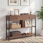 Manroa Konsoollaud sahtlitega, 100 cm lai, kitsas esiku laud, k&uuml;ljelaud, kaasaegne diivanilaud kahekordse riiuliga, metallraamiga esikusse, elutuppa, magamistuppa (p&auml;hklipuust)