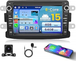 Autoraadio Renault Dacia Duster Sandero Logan Dokker, 8 Core 4+64GB Android 15, Wireless Carplay ja Android Car, 9-tolline raadio koos GPS WiFi Bluetooth DSP 59UI RDS/FM tagurduskaamera mikrofoniga