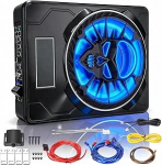 S&otilde;iduki aktiivne subwoofer 10-tolline Ultra Thin Under Seat 800 W Peak 220 W RMS aktiivne bassimoodul Integreeritud v&otilde;imendi Reguleeritav madalp&auml;&auml;s v&otilde;imendus Bass Boost Sinine LED-valgus Auto Truck SUV